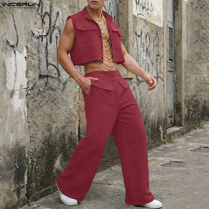 Mens Fashion Suits - INCERUN Mannen Sets Solid Mouwloze Crop