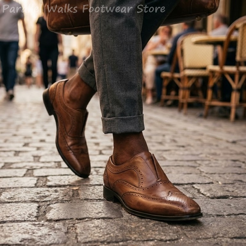 Oxford Shoes Brogue - Heren bruine leren brogueschoenen, slip-on, elastisch,