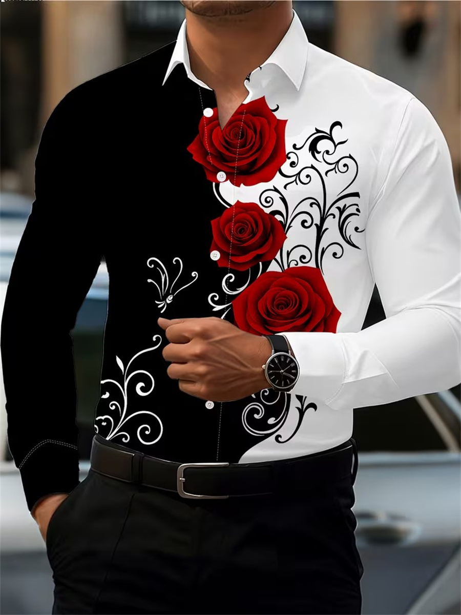 Queer Men'S Fashion - Herenshirt met rode rozenprint, modieus en