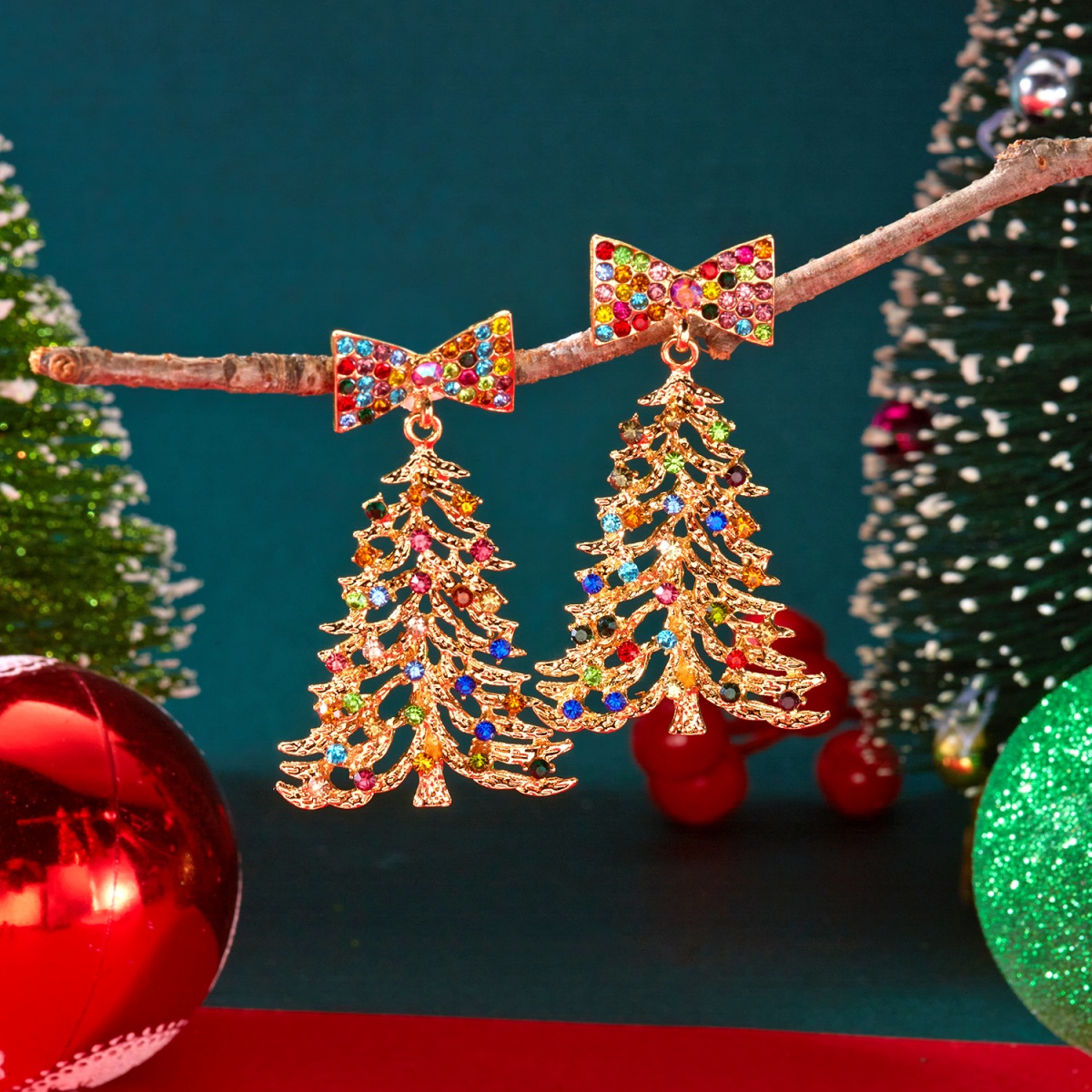 Mens Xmas Fashion - Kerstvakantie Drop Oorbellen Kleurrijke Strass Strik