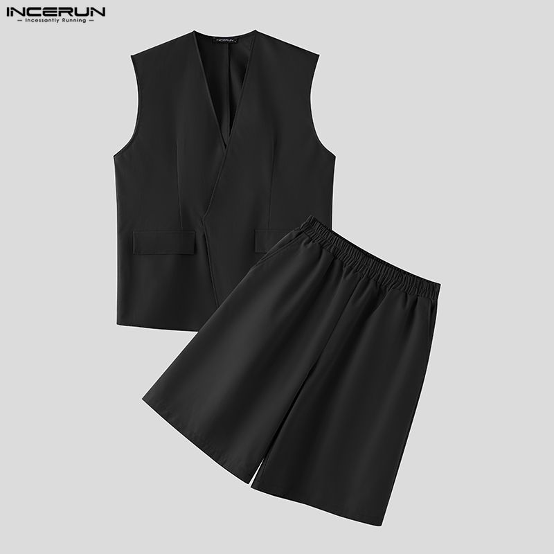 Mens Fashion Suits - INCERUN Herensets Effen Kleur V-hals Mouwloze