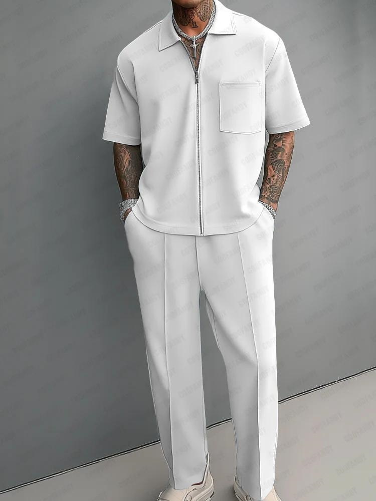 Mens Fashion Zip Up - Heren 2-delige outfit, half-rits polo shirt